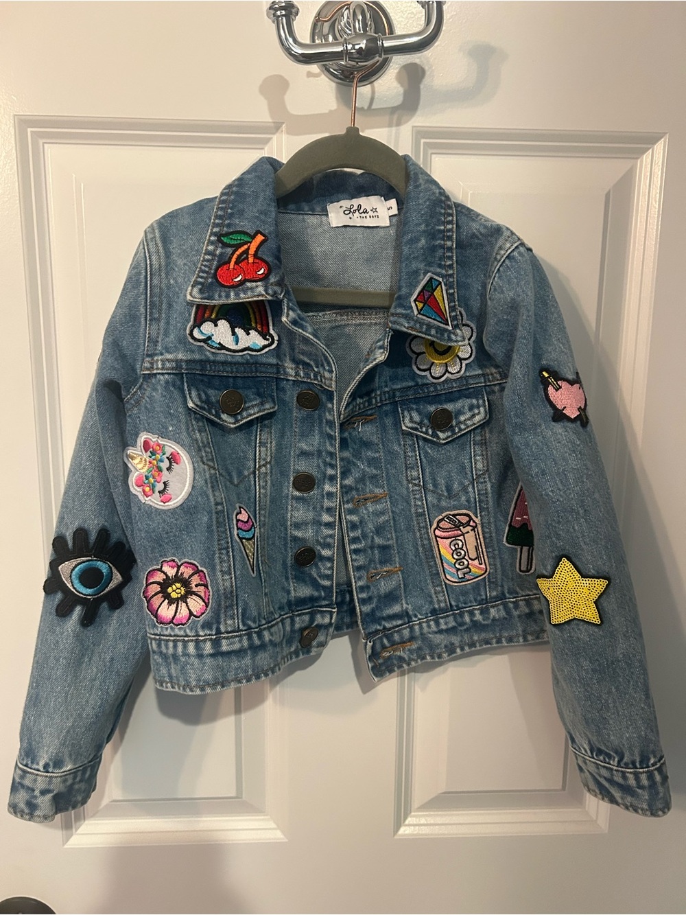 Lola + The Boys Light Blue Denim Jacket with Colorful Patch Accents